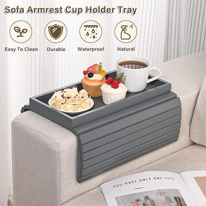 Bamboo Sofa Arm Tray, Anti-Dropping Couch Arm Tray, Foldable Sofa Armrest Tray Couch Arm Table for Eats, Drinks, Snacks, Remote, Cellphone, Cup Holder, Back Anti-Slip Pad Design