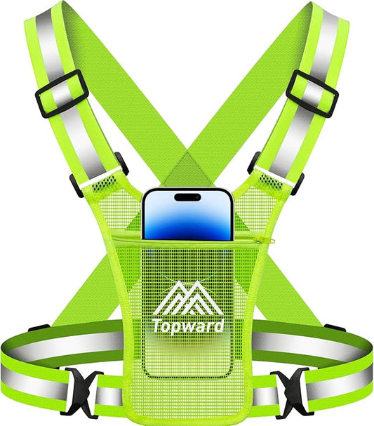 Topward Running Vest Chest Phone Holder for Women Men, Reflective Vest Safety Gear for Dog Walking Cycling - Adjustable Waist/Shoulder