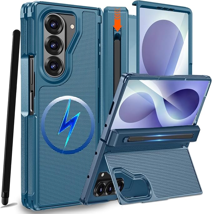 NINKI for Samsung Galaxy Z Fold 8 Ultra Case with S Pen Holder & Stylus & Invisible Kickstand, Magnetic Screen Protector Hinge Phone Cover for Samsung Z Fold 8 Ultra Case with S Pen Holder – Blue