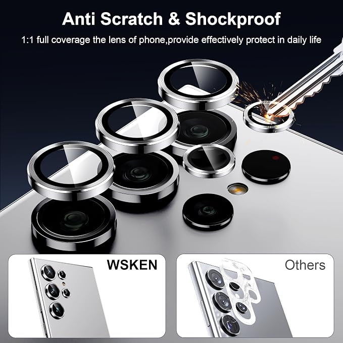WSKEN for Samsung Galaxy S24 Ultra Camera Lens Protector, Ultra Thin Scratch Resistant 9H Tempered Glass with Aluminum Metal Circle Camera Screen Protector Cover Accessories, Silver