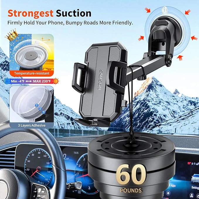 Upgraded 3-in-1 Car Phone Holder Mount [Powerful Suction] Phone Mount for Car Dashboard Air Vent Windshield,for All iPhone Android Phone, Dark Black