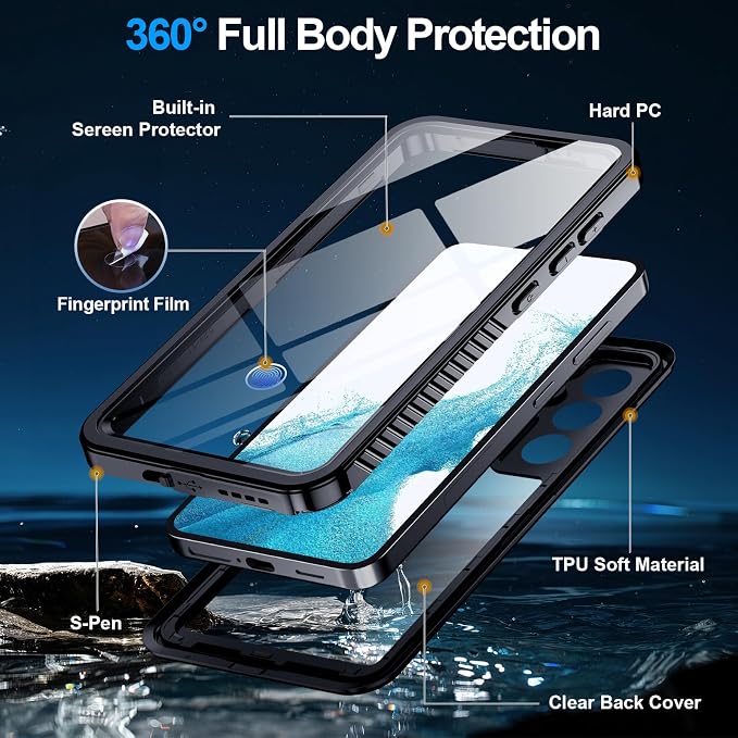 MOZOTER for Samsung Galaxy S22 Case Waterproof,[IPX8 Underwater Case][Full Body Shockproof & Military Dropproof] Clear Sound Quality Built-in Screen Protector for Samsung S22 6.1 inch-Black