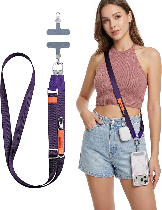 Phone Lanyard Crossbody with 2 Phone Tabs, Adjustable Anti Theft Phone Strap for iPhone & Android, Universal Skin-Friendly Cell Phone Neck Lanyard for Travel Hiking Cycling Shopping (Purple)