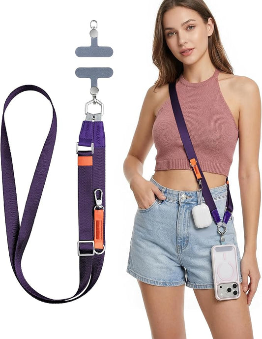 Phone Lanyard Crossbody with 2 Phone Tabs, Adjustable Anti Theft Phone Strap for iPhone & Android, Universal Skin-Friendly Cell Phone Neck Lanyard for Travel Hiking Cycling Shopping (Purple)