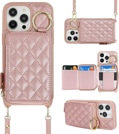 Crossbody Wallet Case for iPhone 14 Pro, PU Leather Zipper Handbag Purse Flip Cover, Kickstand Folio Case with Card Slots Holder Wrist Strap Lanyard 5G 6.1 Inch-Rose Gold