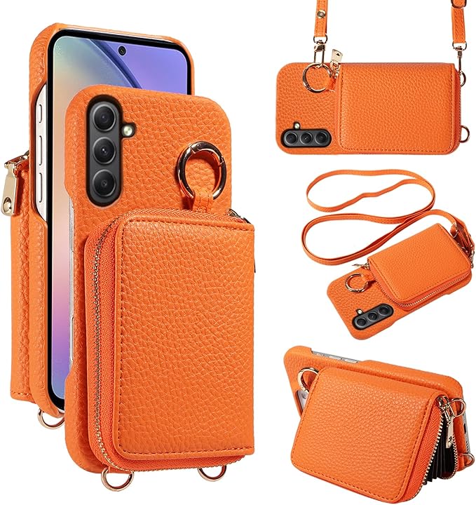 Wallet Case for Samsung Galaxy A34 5G with Shoulder Strap Ring Buckle, Luxury PU Leather Zipper Flip Organ Purse Credit Card Holder Stand Full Body Cell Phone Cover for A 34 34A Women Orange