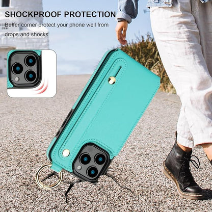 Folosu for iPhone 16 Pro Max Wallet Case with Card Holder, Hand Wrist Strap Loop Holder Kickstand, RFID Blocking Finger Grip Ring PU Leather Double Buttons Shockproof Cover 6.9" Green