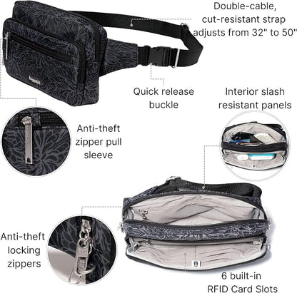 Baggallini Securtex Anti-theft Belt Bag 8.8"x5.5" Crossbody Fanny Pack for Women RFID Wallet Locking Zipper Travel Purse