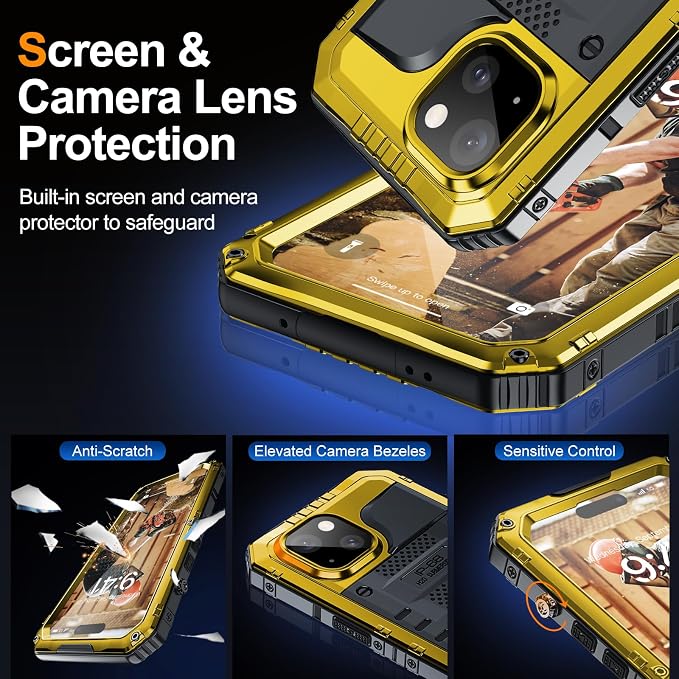 Mitywah Waterproof Case for iPhone 15, Heavy Duty Shockproof Case with Built-in Screen Protector, Full Body Underwater Protective Metal Case 6.1 inch, Yellow
