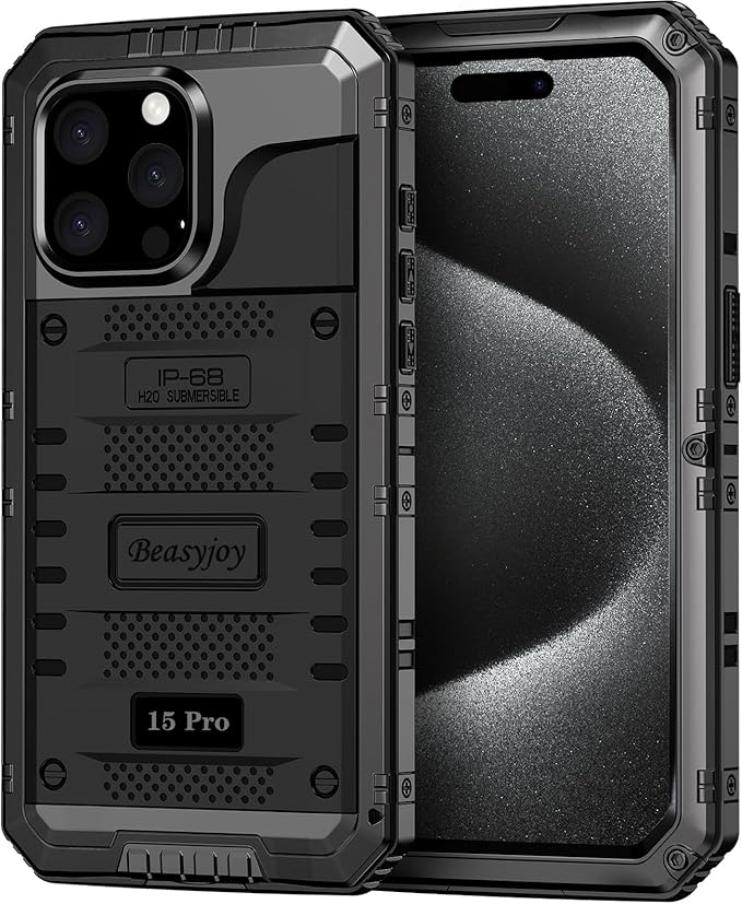 Beasyjoy for iPhone 15 Pro Case Waterproof, Metal Full Body Phone Case with Built-in Screen Protector, Military Grade Heavy Duty Defender Armor Shockproof Rugged Cover for iPhone 15 Pro 6.1", Black
