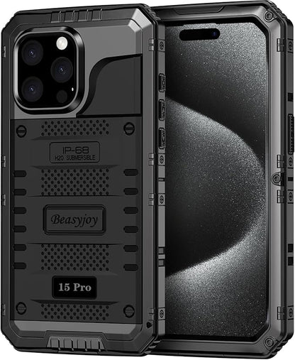 Beasyjoy for iPhone 15 Pro Case Waterproof, Metal Full Body Phone Case with Built-in Screen Protector, Military Grade Heavy Duty Defender Armor Shockproof Rugged Cover for iPhone 15 Pro 6.1", Black