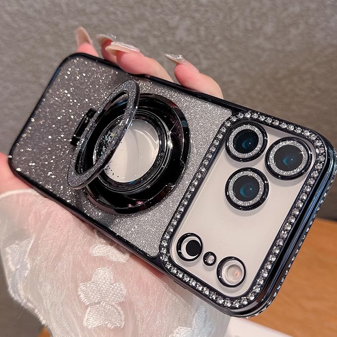 Glitter Kickstand Case for iPhone 17 Pro Max,Cute Bling Sparkly Diamond Rhinestone with Camera Lens Protector Liquid Flowing Ring Stand TPU Bumper Women Girls Case for iPhone 17 Pro Max,Black