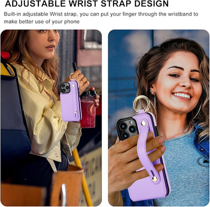 Folosu for iPhone 16 Pro Max Wallet Case with Card Holder, Hand Wrist Strap Loop Holder Kickstand, RFID Blocking Finger Grip Ring PU Leather Double Buttons Shockproof Cover 6.9" Purple