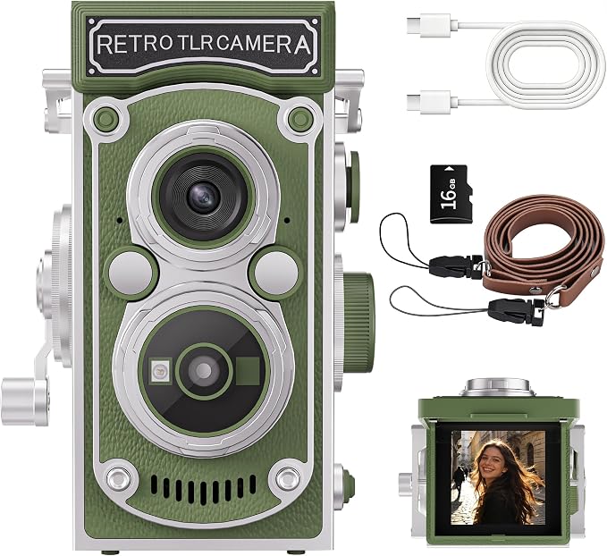Mini Retro TLR Digital Camera, Portable 24MP 1080P FHD Vintage Point and Shoot Pocket Travel Camera with Twin Lens, Autofocus, 16X Digital Zoom, 16GB Card, for Beginners, Teens & Adults - Green