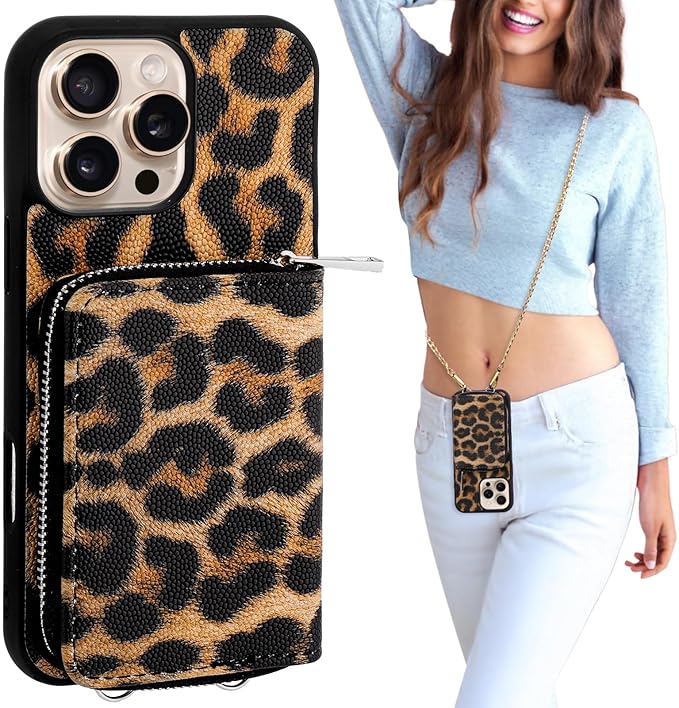 XANGNIER Wallet Case for iPhone 16 Pro Max, RFID Blocking PU Leather Crossbody Phone Purse with Card Holder, Zipper Pocket, Wrist Strap & Adjustable Lanyard for Women 6.9" 5G,Leopard Print
