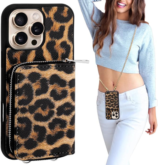 XANGNIER Wallet Case for iPhone 16 Pro Max, RFID Blocking PU Leather Crossbody Phone Purse with Card Holder, Zipper Pocket, Wrist Strap & Adjustable Lanyard for Women 6.9" 5G,Leopard Print