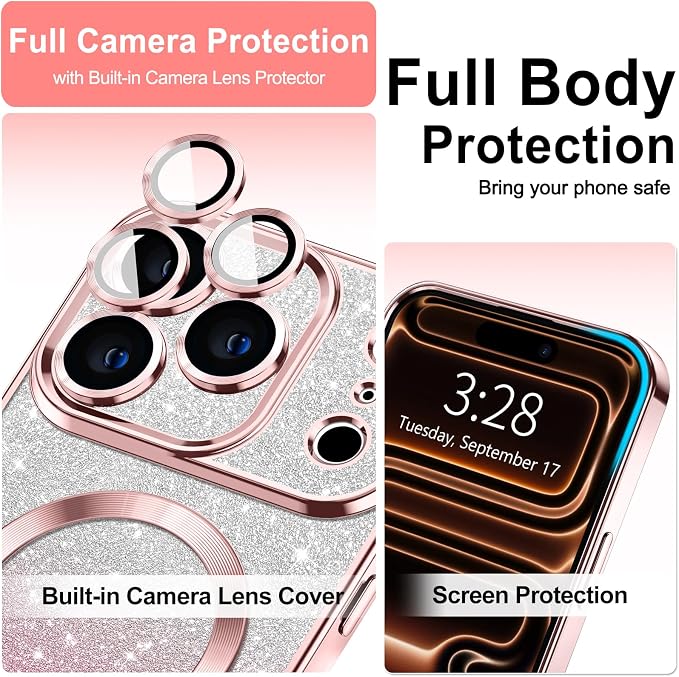 Hython for iPhone 17 Pro Max Case Glitter Clear Magnetic Phone Cases [Compatible with MagSafe] Full Camera Lens Protector Sparkle Luxury Plating Slim Shockproof Protective Cover Women, Gradient Pink
