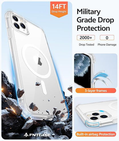 FNTCASE for iPhone 11 Pro Case, Fit for Magsafe, Clear Anti Yellowing | Magnetic Phone Cases, 14FT Military Grade Drop Protection, Slim Shockproof Protective Cover, Transparent
