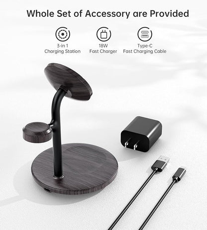 XooFly 3 in 1 Wireless Charging Station for Apple Devices, Fast Wireless Mag-Safe Charger Stand with 20W Adapter for iPhone 17/16 15 14 13 12 Pro Max/Pro/Plus/Air/Mini,iWatch,AirPods(Black Wood Grain)
