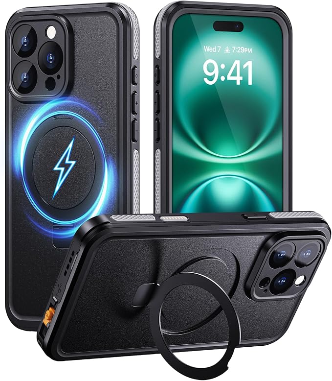Lanhiem Magnetic for iPhone 16 Pro Case, IP68 Waterproof Case with Screen Protector, [Fit for MagSafe] [Invisible Stand] Shockproof Heavy Duty Sealed Underwater Case for iPhone 16 Pro (Black)