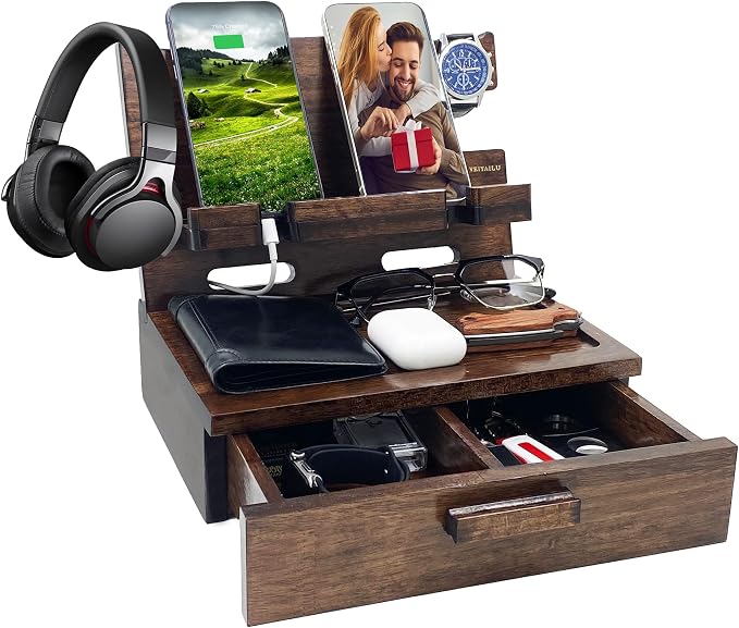 Gifts for Men Women Husband Son Boyfriend Him Nightstand Organizer Wood Phone Docking Station Birthday Gifts (Walnut) | Gifts for Men Women, Birthday Gifts