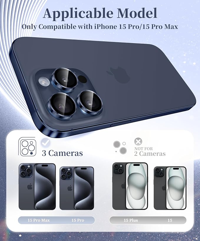 GolbinBox Camera Lens Protector for iPhone 15 Pro/15 Pro Max, 1:1 Invisible Fit, 9H Tempered Glass Ultra HD Metal Individual Camera Cover, Case Friendly, Deep Blue
