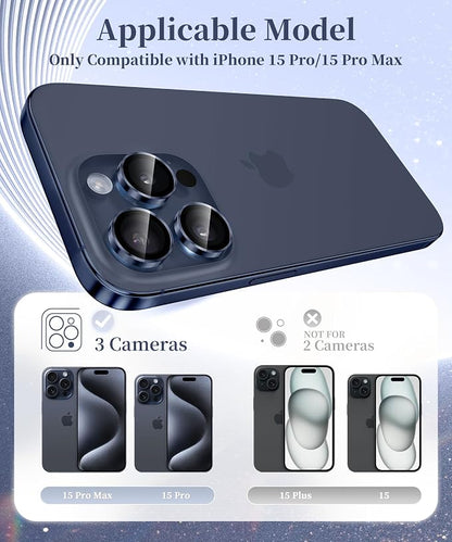GolbinBox Camera Lens Protector for iPhone 15 Pro/15 Pro Max, 1:1 Invisible Fit, 9H Tempered Glass Ultra HD Metal Individual Camera Cover, Case Friendly, Deep Blue