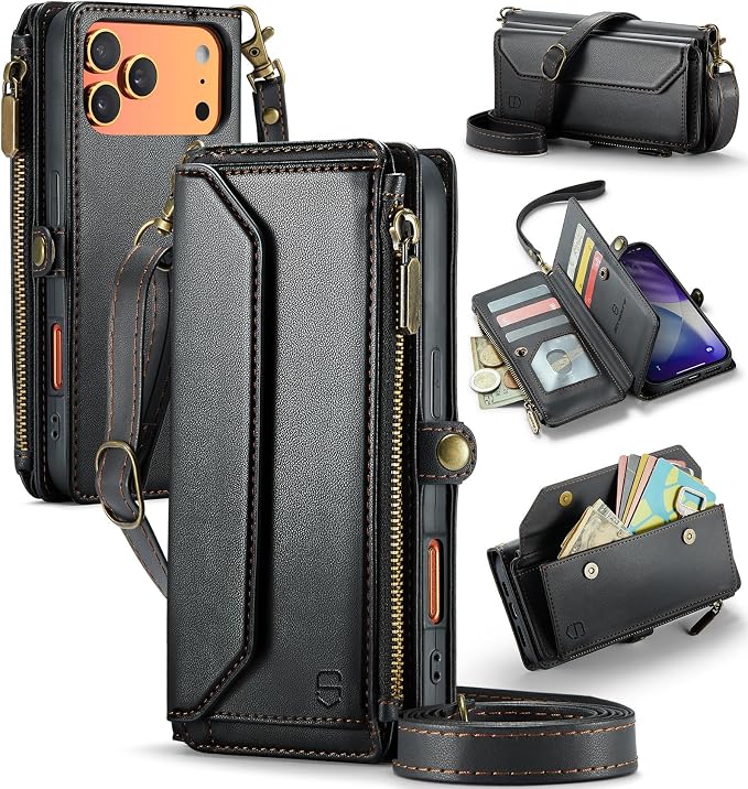 Strapurs Wallet Case Compatible with iPhone 17 Pro 6.3" RFID Blocking 9-Card Holder Soft PU Leather Magnetic Snap Shoulder Strap Zipper Pocket Phone Case Fit for iPhone 17 Pro for Women - Black