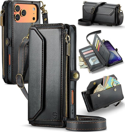 Strapurs Wallet Case Compatible with iPhone 17 Pro 6.3" RFID Blocking 9-Card Holder Soft PU Leather Magnetic Snap Shoulder Strap Zipper Pocket Phone Case Fit for iPhone 17 Pro for Women - Black