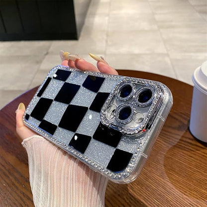 for iPhone 16 pro max Case Glitter Camera Lens Protector Phone Case for Women Girls Aesthetic Design TPU Shockproof Protective Case (Checkered)