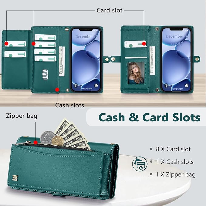 Wallet Case for iPhone 12 Pro Max with Card Holder/Crossbody Wallet/Strap| RFID Blocking | Magnetic | Kickstand | Detachable | PU Leather Phone Case for iPhone 12 Pro Max,6.7 in,Green