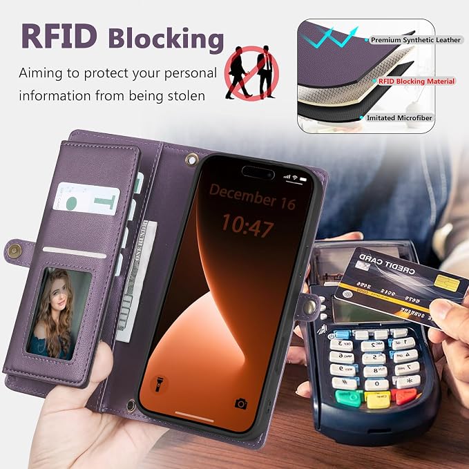 Wallet Case for iPhone 15 Pro with Card Holder/Crossbody Wallet/Strap| RFID Blocking | Magnetic | Kickstand | Detachable | PU Leather Phone Case for iPhone 15 Pro,6.1 in,Purple