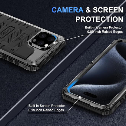 Beasyjoy for iPhone 15 Pro Case Waterproof, Metal Full Body Phone Case with Built-in Screen Protector, Military Grade Heavy Duty Defender Armor Shockproof Rugged Cover for iPhone 15 Pro 6.1", Black