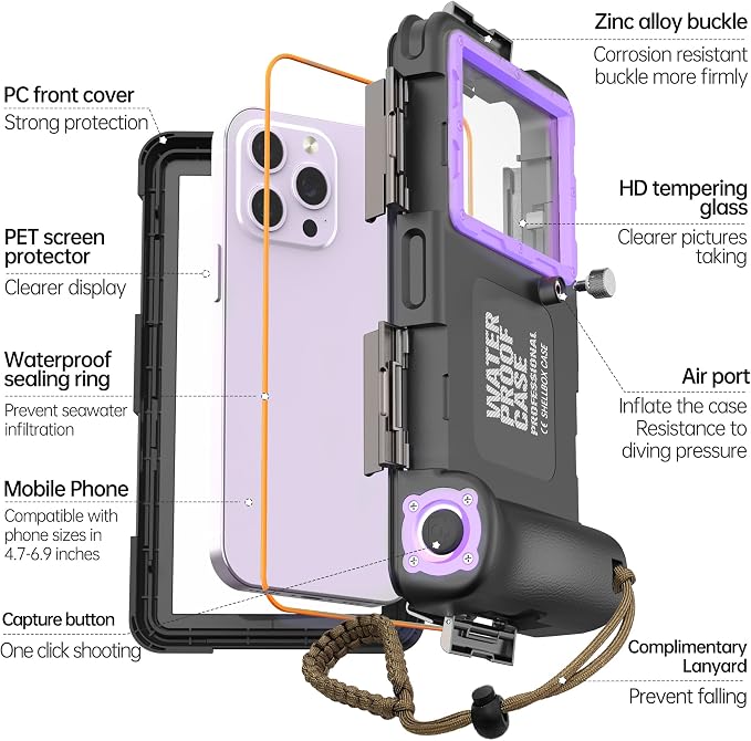 ShellBox Case Diving Case 2nd Gen for iPhone 17/16/15/14/13 Pro Max Plus Air Samsung Galaxy SeriesS25-S20 Ultra, Universal Phones[4.9-6.9 Inch],Snorkeling[15m/50ft] Full Body Protector Black-Purple