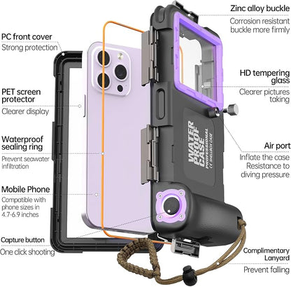 ShellBox Case Diving Case 2nd Gen for iPhone 17/16/15/14/13 Pro Max Plus Air Samsung Galaxy SeriesS25-S20 Ultra, Universal Phones[4.9-6.9 Inch],Snorkeling[15m/50ft] Full Body Protector Black-Purple