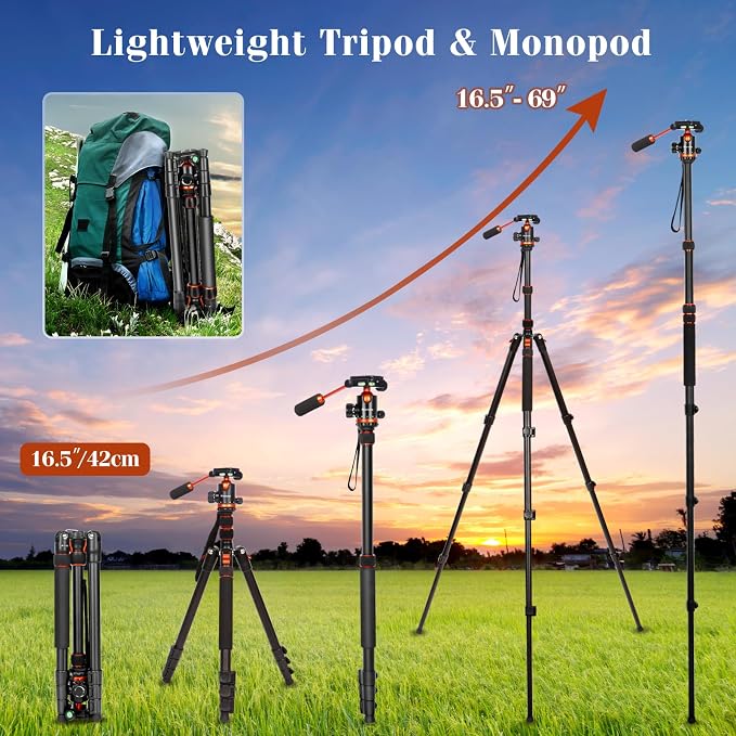 68" Ball Head Camera Tripod & Monopods, 360° Smooth Rotation V-Yoke Rifle Shooting Tripod & Hunting Stick, Heavy Duty Tripod for Camera and Outdoor Hunting with 16.5" Min Size and Carry Bag