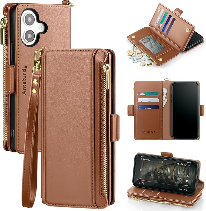 Antsturdy Compatible with iPhone 16 Plus Wallet Case,RFID Blocking PU Leather Phone Case Women Men Kickstand flip Cover Wrist Strap Zipper Credit Card Holder Slots for Apple 16 Plus 6.7",Light Brown