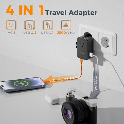 TESSAN 20W International Power Adapter, Black | Ultra Slim, 2 USB-C 1 USB-A, US to European UK Spain England New Zealand, Type C G A I