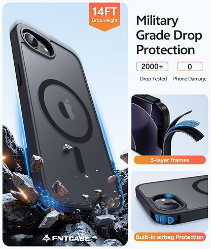 FNTCASE for iPhone 17e Case: iPhone 16e Phone Case [Compatible with Magsafe] Translucent Matte Case with [Screen Protector] Military Grade Shockproof Protective Phone Cover-Black