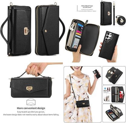 LITOU Compatible for Samsung Galaxy S26 Crossbody Phone Case,Detachable Magnetic,Card Holder,Zipper Leather Wallet Wrist Lanyard Strap Case for Women Men.Black