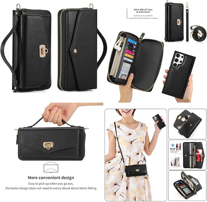 LITOU Compatible for Samsung Galaxy S26 Ultra Crossbody Phone Case,Detachable Magnetic,Card Holder,Zipper Leather Wallet Wrist Lanyard Strap Case for Women Men.Black