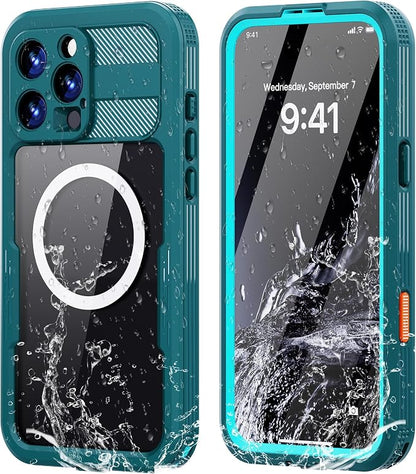 Omio Designed for iPhone 16 Pro Waterproof Case Compatible with MagSafe Magnetic Waterproof Full Body IP68 Underwater Case Built-in Screen Protector Military Grade Shockproof Case for Men Women Teal