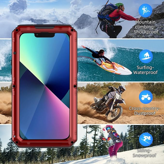 Mitywah Waterproof Case for iPhone 13, Heavy Duty Military Grade Drop Protection Phone Case with Built-in Screen Protector, 360° Full Body Protection Metal Armor Dropproof Case 6.1 inch, Red