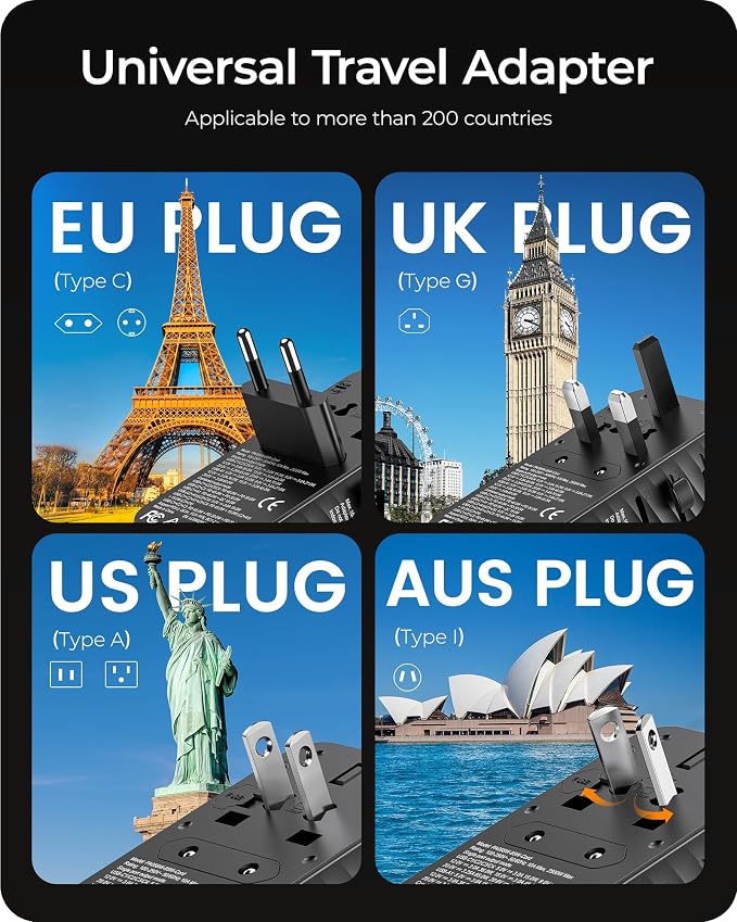 LENCENT 85W Universal Travel Adapter with Retractable USB C Cable, GaN | International Plug Adapter with 3 Type C&1 USB A Ports Fast Charging, Worldwide Outlet Converter for US to European EU UK AUS