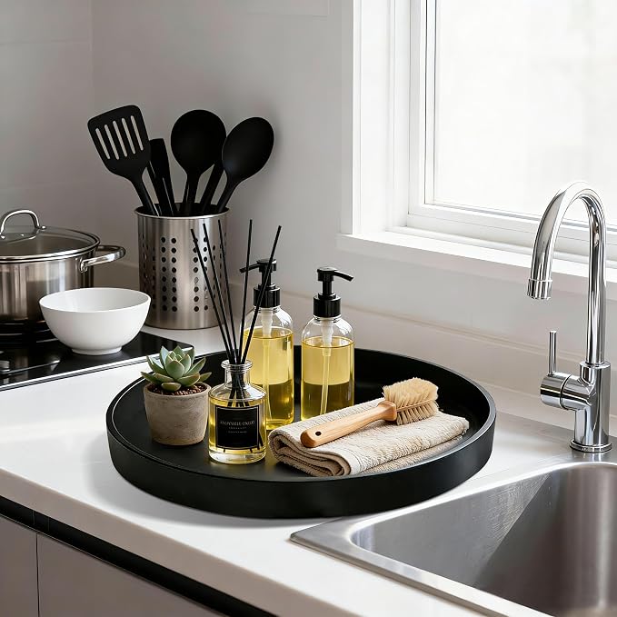 1 Pack 13.5" Bathroom and Vanity Tray, ABS Bathroom Counter Organizer, Coffee Table Decor for Perfume, Candles, Keys &More. Kitchen Countertop Organizer, Decorative Tray Soap Holder, Black