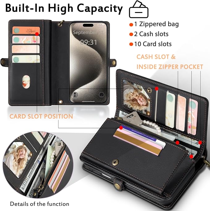 for Wallet Case Compatible with iPhone 15 Pro Max,Multi-Function Detachable 2 in 1 Magnetic iPhone 15 Pro Max Case Wallet,Flip Strap Zipper Card Holder Phone Case with Shoulder Straps (Black)