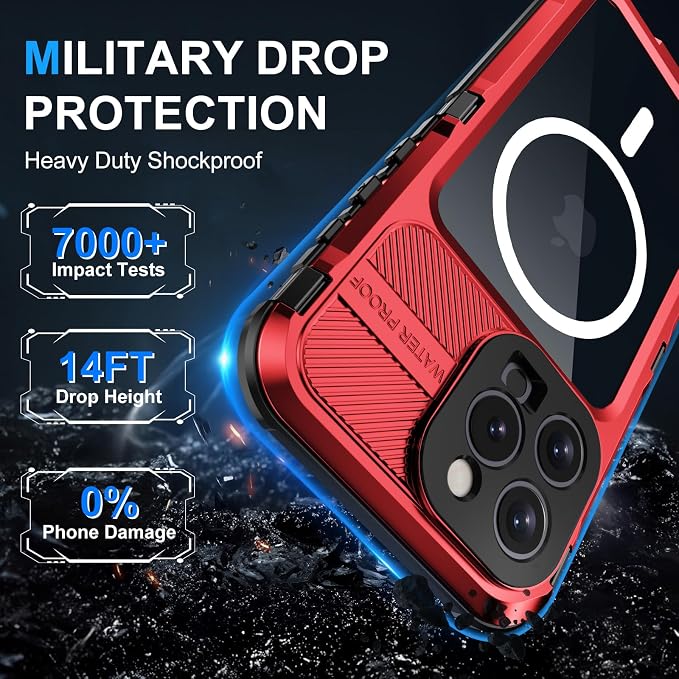 WIFORT for iPhone 16 Pro Waterproof Case - Metal Heavy Duty [Built-in Screen Protector] [14FT Military Shockproof] [Fit for MagSafe], IP68 Full Body Rugged Water Proof Magnetic Cover, 6.3" Red