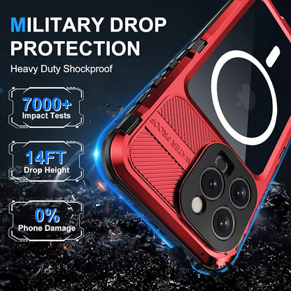 WIFORT for iPhone 16 Pro Waterproof Case - Metal Heavy Duty [Built-in Screen Protector] [14FT Military Shockproof] [Fit for MagSafe], IP68 Full Body Rugged Water Proof Magnetic Cover, 6.3" Red