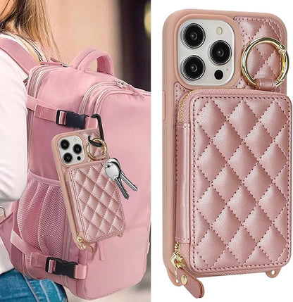 Crossbody Wallet Case for iPhone 14 Pro Max, PU Leather Zipper Handbag Purse Flip Cover, Kickstand Folio Case with Card Slots Holder Wrist Strap Lanyard 5G 6.7 Inch-Rose Gold