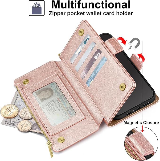 Antsturdy Compatible with iPhone 16 Plus Wallet Case,RFID Blocking PU Leather Phone Case Women Men Kickstand flip Cover Wrist Strap Zipper Credit Card Holder Slots for Apple 16 Plus 6.7",Rose Gold